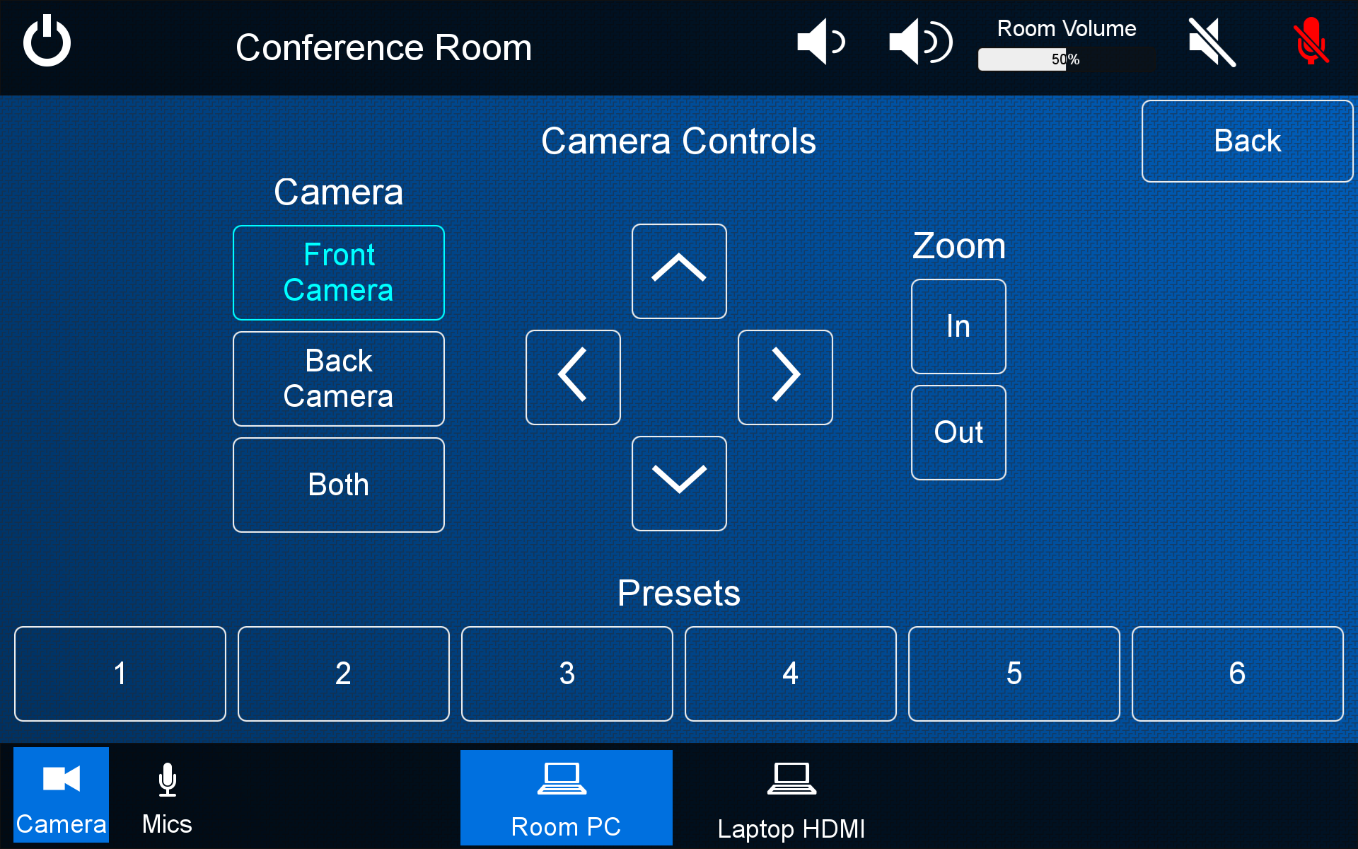 TS Controls touch panel UI — camera controls screen